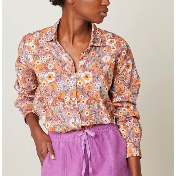 HARTFORD Charlot Orange Pop Flowers Woven Long Sleeve Shirt Size 4 - Picture 1 of 6